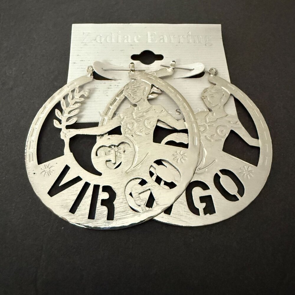 NOC Zodiac Virgo Earrings Silver Round Cutout Textured Design Astrology Jewelry